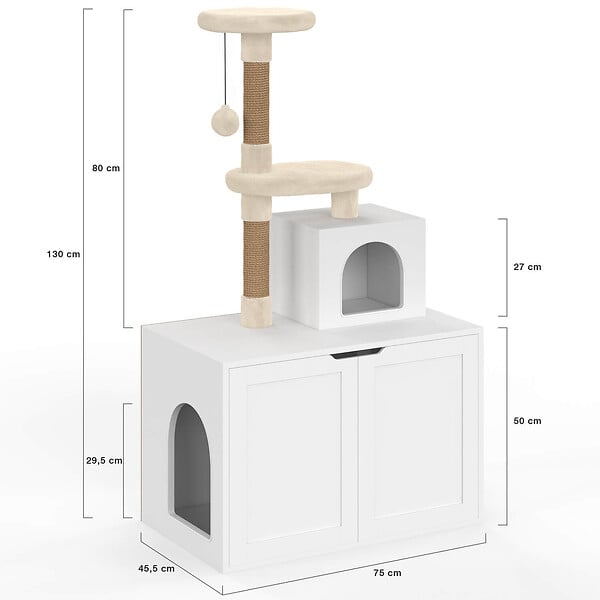 ID MARKET - Maison de toilette pour chat avec arbre à chat, cache-litière 2 portes, niche et plateforme en bois blanc - large