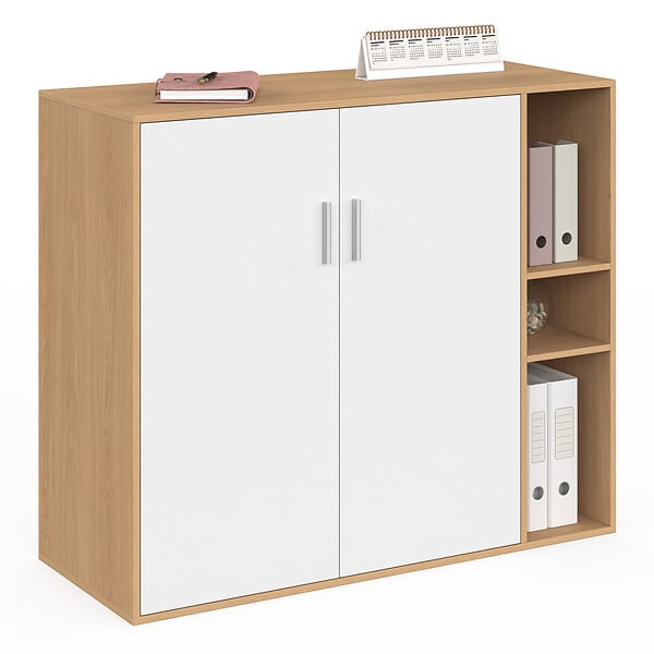 ID MARKET - Armoire basse de bureau MARIA 2 portes et étagères bois et blanc - large