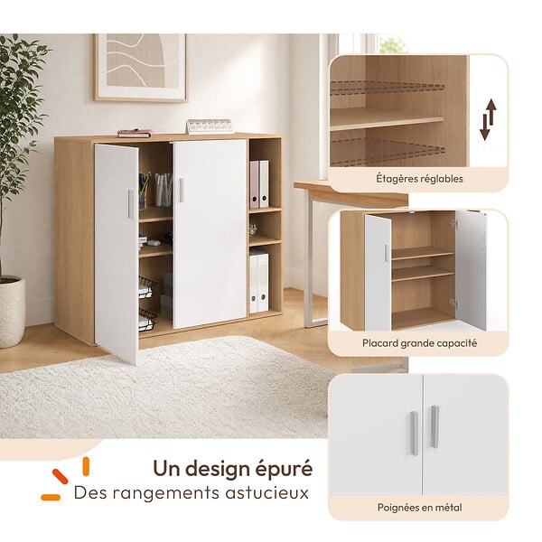 ID MARKET - Armoire basse de bureau MARIA 2 portes et étagères bois et blanc - large