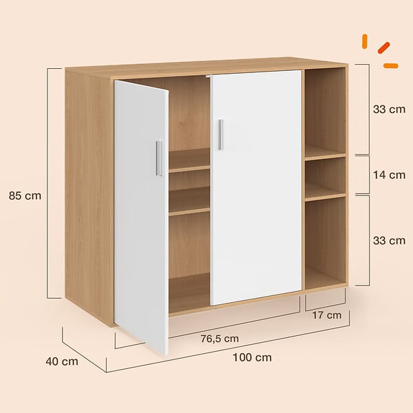 ID MARKET - Armoire basse de bureau MARIA 2 portes et étagères bois et blanc - large