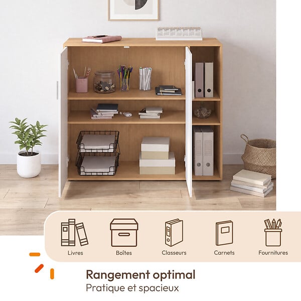 ID MARKET - Armoire basse de bureau MARIA 2 portes et étagères bois et blanc - large