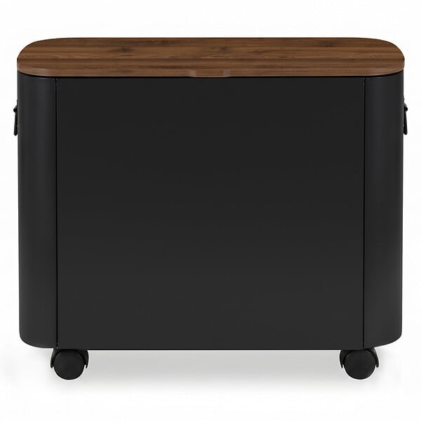ID MARKET - Coffre de cheminée multi-usages sac à granulés ou bûches avec couvercle effet noyer et roulettes métal noir - large