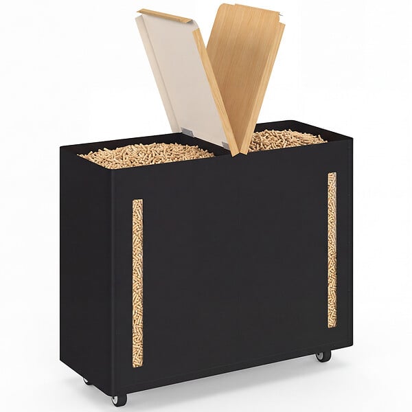 ID MARKET - Double réservoir à granulés 60 kg noir et bois rangement à pellets et accessoires 73 x 30 x 60 cm - large