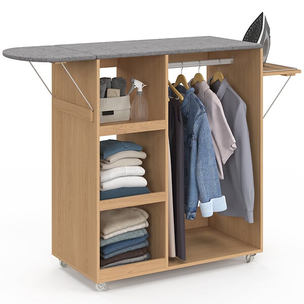 ID MARKET - Table à repasser pliable à roulettes avec étagères réglables et barre de penderie façon hêtre - large