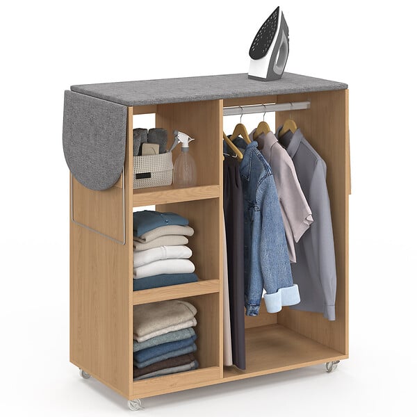 ID MARKET - Table à repasser pliable à roulettes avec étagères réglables et barre de penderie façon hêtre - large