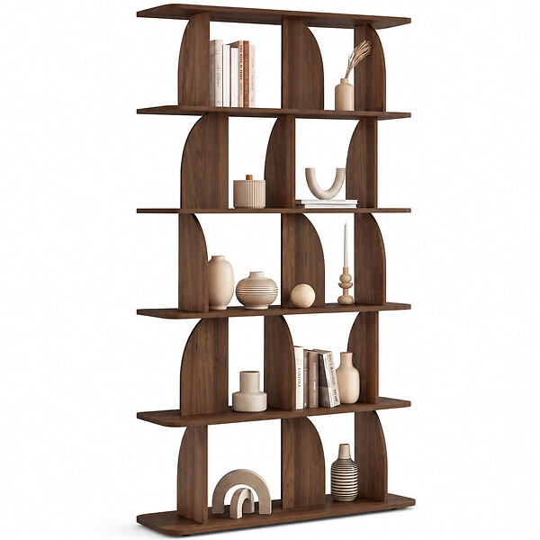 ID MARKET - Etagère 5 niveaux Japandi EDITH asymétrique effet noyer design arrondi - large