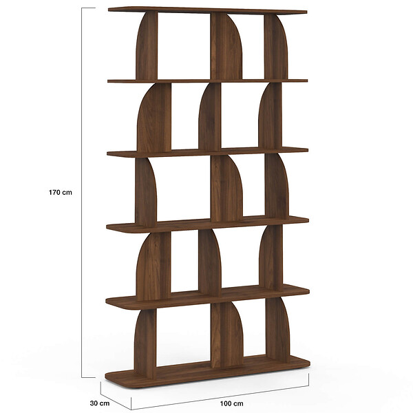 ID MARKET - Etagère 5 niveaux Japandi EDITH asymétrique effet noyer design arrondi - large