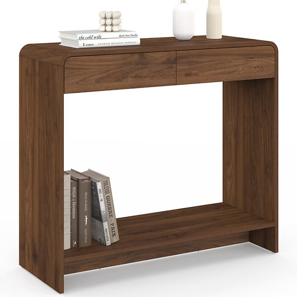 ID MARKET - Console 2 tiroirs CAPUCINE effet noyer design arrondi - large
