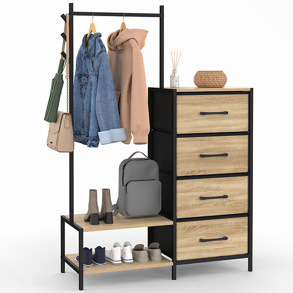 ID MARKET - Commode 4 tiroirs en tissu UTAH 84 cm et penderie avec étagères et patères, design industriel - large
