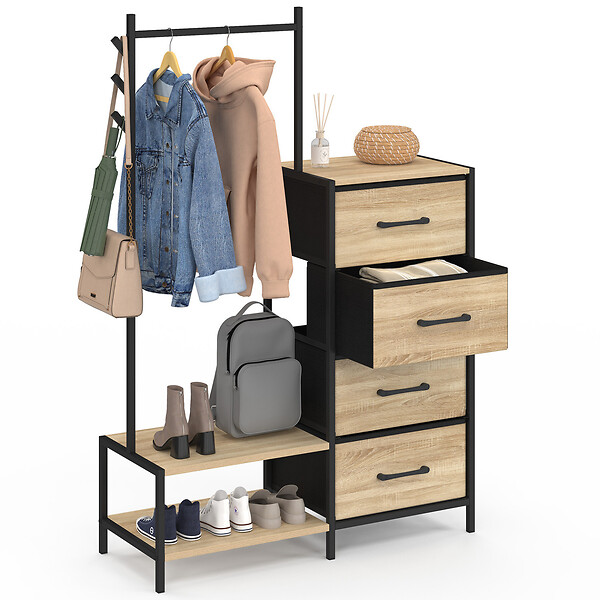 ID MARKET - Commode 4 tiroirs en tissu UTAH 84 cm et penderie avec étagères et patères, design industriel - large
