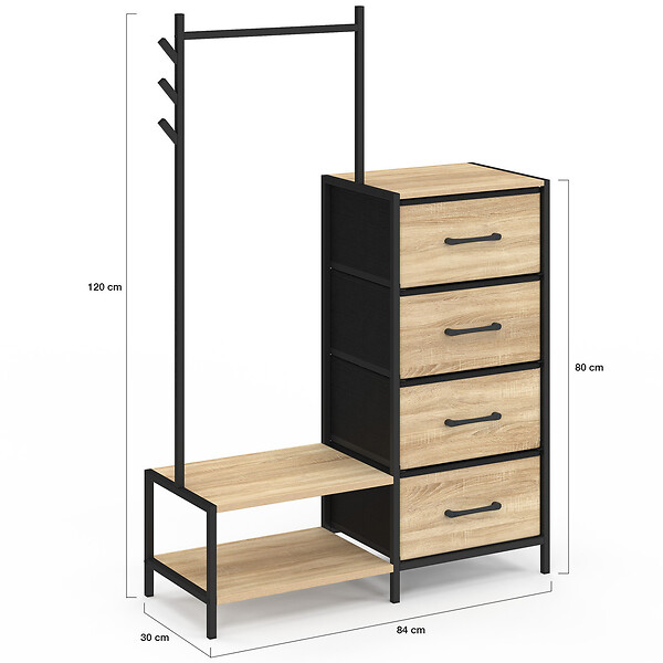 ID MARKET - Commode 4 tiroirs en tissu UTAH 84 cm et penderie avec étagères et patères, design industriel - large