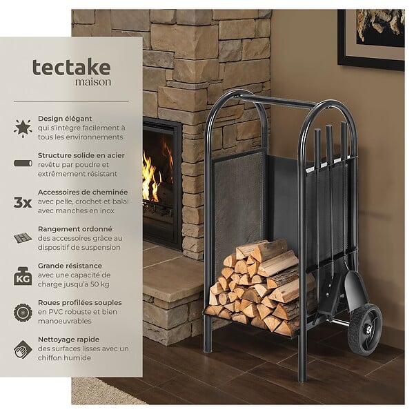 TECTAKE - Porte bûches avec pelle, balai et tisonnier noir - large