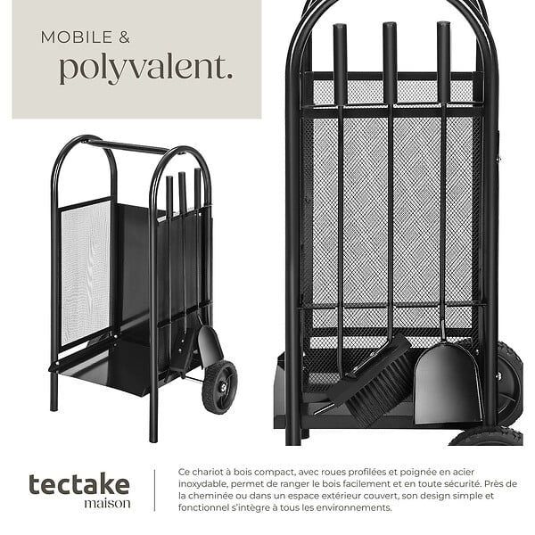 TECTAKE - Porte bûches avec pelle, balai et tisonnier noir - large