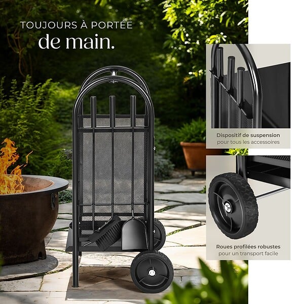 TECTAKE - Porte bûches avec pelle, balai et tisonnier noir - large