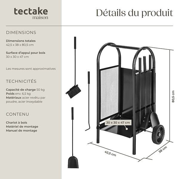 TECTAKE - Porte bûches avec pelle, balai et tisonnier noir - large