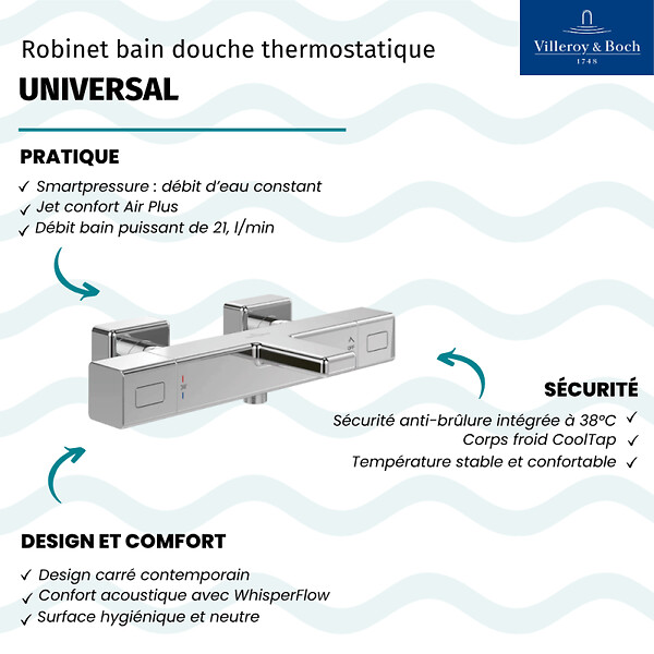 VILLEROY ET BOCH - Mitigeur bain douche thermostatique  Universal carré Chrome - large