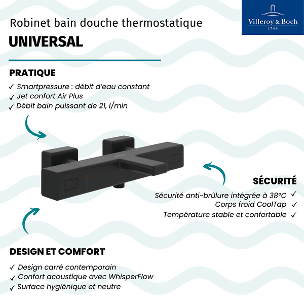 VILLEROY ET BOCH - Mitigeur bain douche thermostatique  Universal carré Noir mat - large
