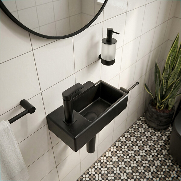SWISS AQUA TECHNOLOGIES - Brevis Lave-mains suspendu avec trou pour robinetterie à gauche, 40,5x20,5x10,5cm, noir (SATBRE4020SLBKM) - large
