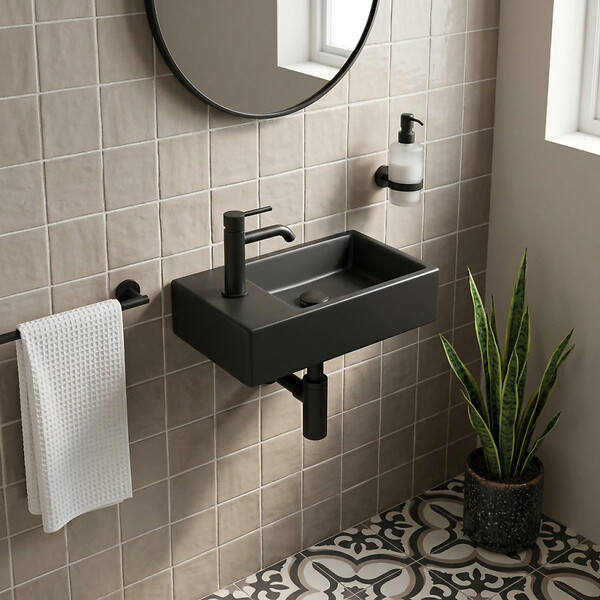 SWISS AQUA TECHNOLOGIES - Brevis Lave-mains suspendu avec trou pour robinetterie à gauche, 40,5x20,5x10,5cm, noir (SATBRE4020SLBKM) - large
