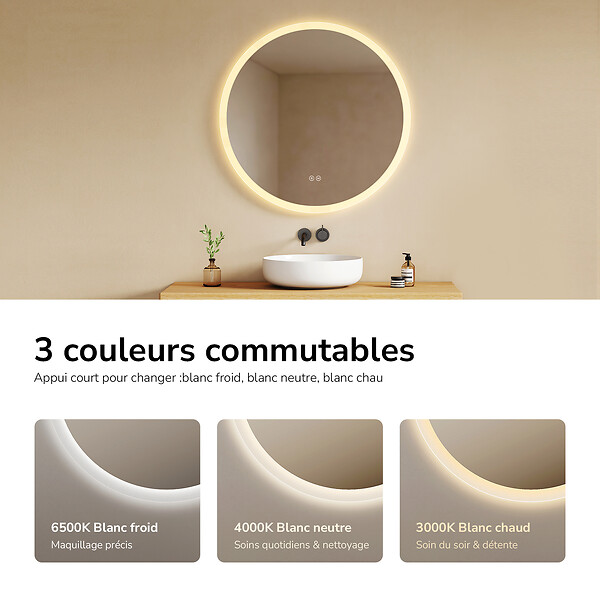 EMKE - EMKE Miroir lumineux salle de bain rond diamètre 50cm, Miroir LED avec Interrupteur Tactile, Anti-buée, Miroir avec éclairage 3 couleurs - large