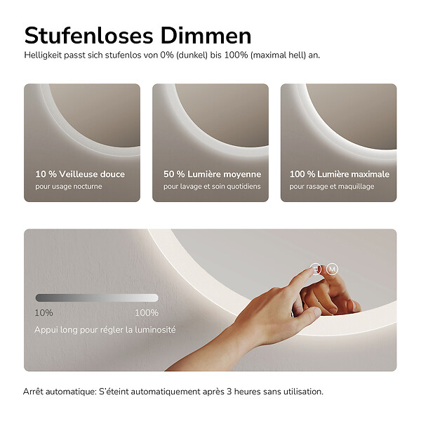 EMKE - EMKE Miroir lumineux salle de bain rond diamètre 50cm, Miroir LED avec Interrupteur Tactile, Anti-buée, Miroir avec éclairage 3 couleurs - large