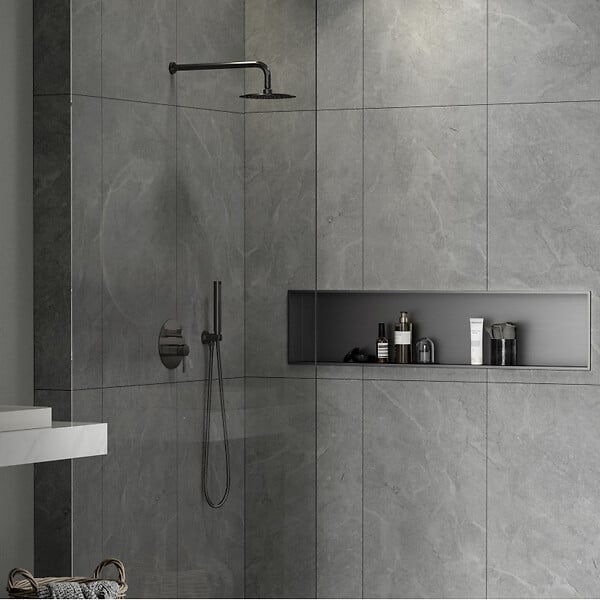 SWISS AQUA TECHNOLOGIES - Aurum Niche de Douche à encastrer, Acier Inoxydable 304, 121x28x10cm, Gun Métal brossé PVD (SATAURN12128BGM) - large