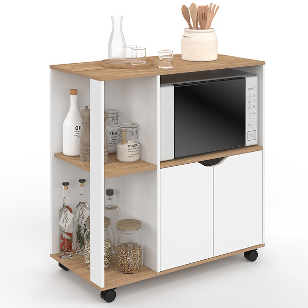 ID MARKET - Desserte de cuisine COSI bois blanc et plateaux façon hêtre L.76 CM - large