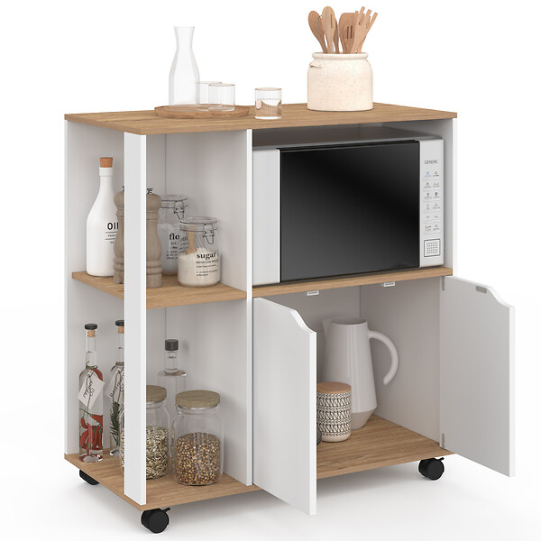 ID MARKET - Desserte de cuisine COSI bois blanc et plateaux façon hêtre L.76 CM - large