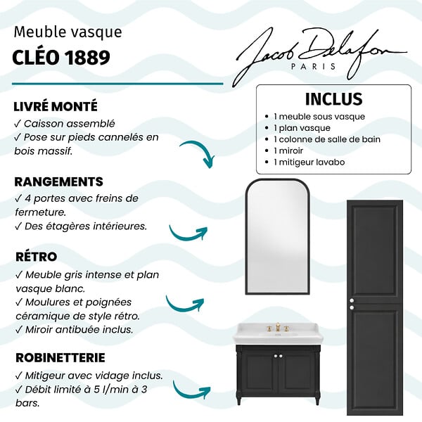 JACOB DELAFON - Pack meuble vasque Cléo 1889 3 trous + colonne droite + miroir + mélangeur croisillon or - large