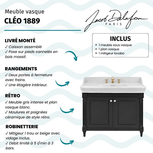 JACOB DELAFON - Pack meuble vasque Cléo 1889 3 trous + mélangeur croisillon or - large