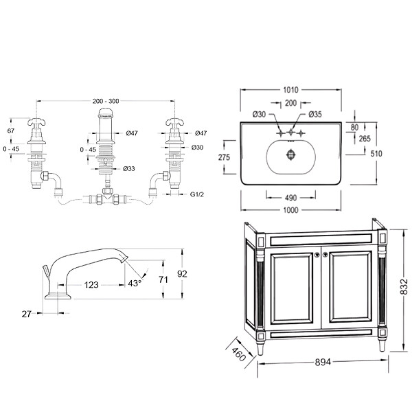 JACOB DELAFON - Pack meuble vasque Cléo 1889 3 trous + mélangeur croisillon or - large