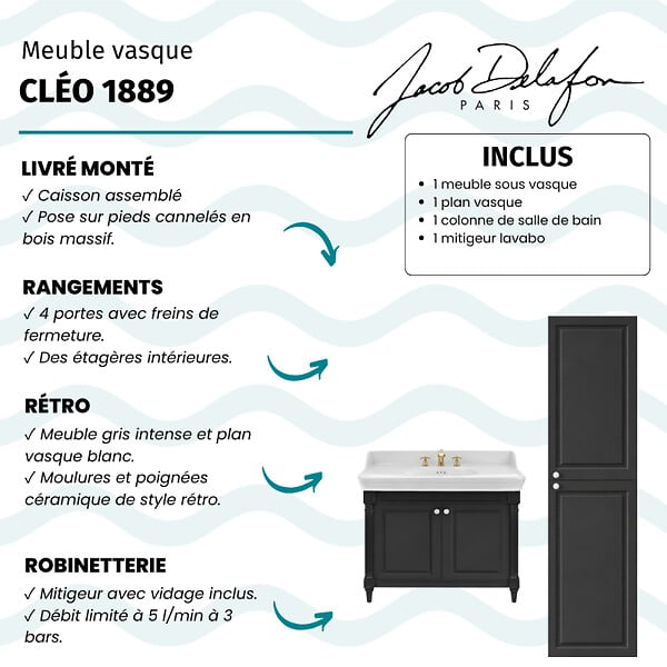 JACOB DELAFON - Pack meuble vasque Cléo 1889 3 trous + colonne droite + mélangeur croisillon or - large