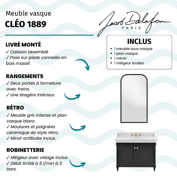 JACOB DELAFON - Pack meuble vasque Cléo 1889 3 trous + miroir + mélangeur croisillon or - large