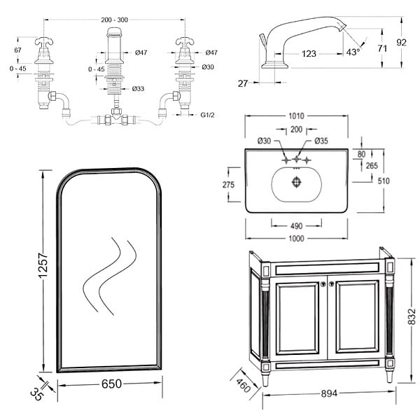 JACOB DELAFON - Pack meuble vasque Cléo 1889 3 trous + miroir + mélangeur croisillon or - large