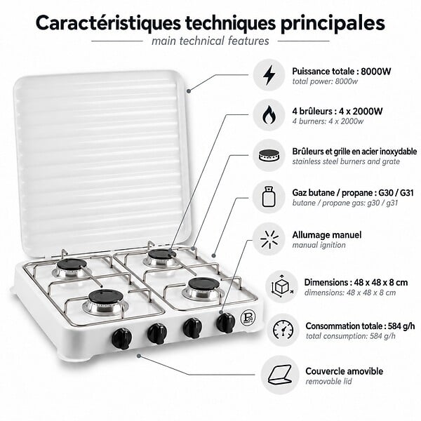 INTEC - Plaque de cuisson gaz 4 feux 8000W Réchaud à gaz portable Blanc Gaz Butane ou Propane Bruleurs grille Acier amovibles INTEC - large
