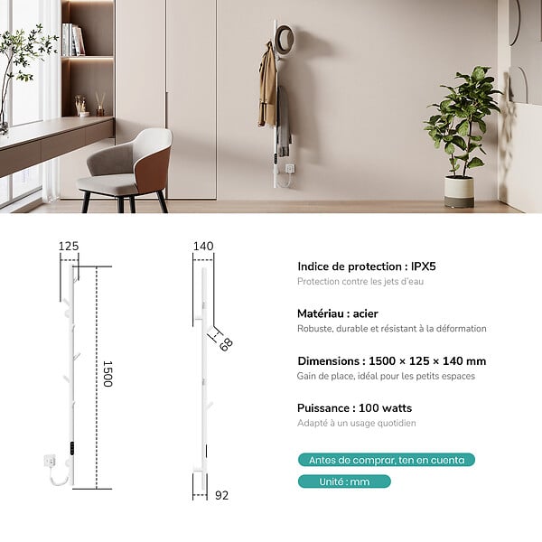 EMKE - EMKE Chauffe-serviettes Électrique, thermostat intelligent WiFi, sèche-serviettes électrique, barre unique, 150 cm de hauteur, Blanc - large