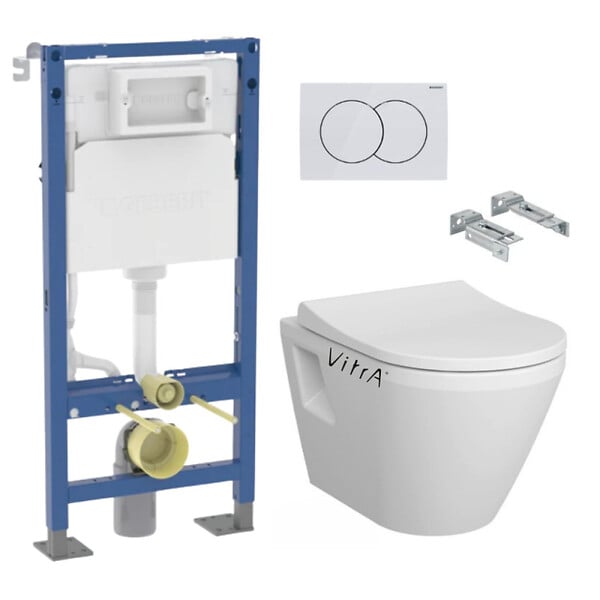 GEBERIT - Pack WC suspendu complet Geberit Duofix autoportant, WC VitrA Integra, abattant SoftClose, plaque blanche - large