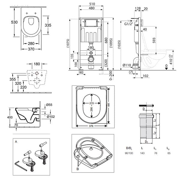 VILLEROY & BOCH - Pack WC complet avec bâti-support Villeroy & Boch, cuvette Architectura sans bride, abattant et plaque noire - large