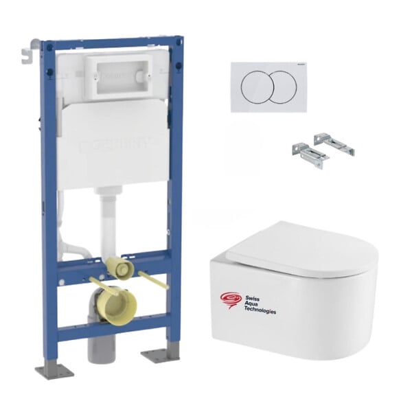 GEBERIT - Pack WC suspendu complet Geberit Duofix autoportant, WC Swiss Aqua Technologies Delano, abattant SoftClose, plaque blanche - large