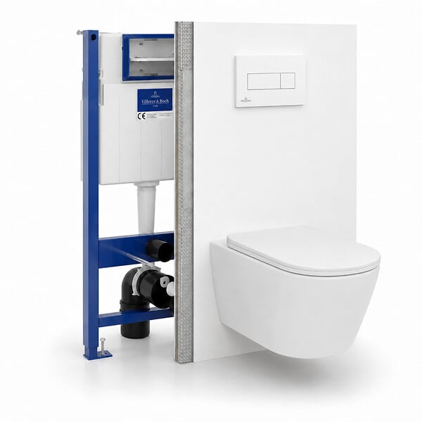 VILLEROY & BOCH - Pack WC suspendu complet avec bâti-support Villeroy & Boch, cuvette sans bride Vortex, abattant SoftClose et plaque blanche - large