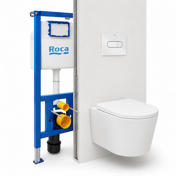 ROCA - Pack WC suspendu complet avec bâti-support Roca, cuvette sans bride Vortex, abattant SoftClose et plaque blanche - large