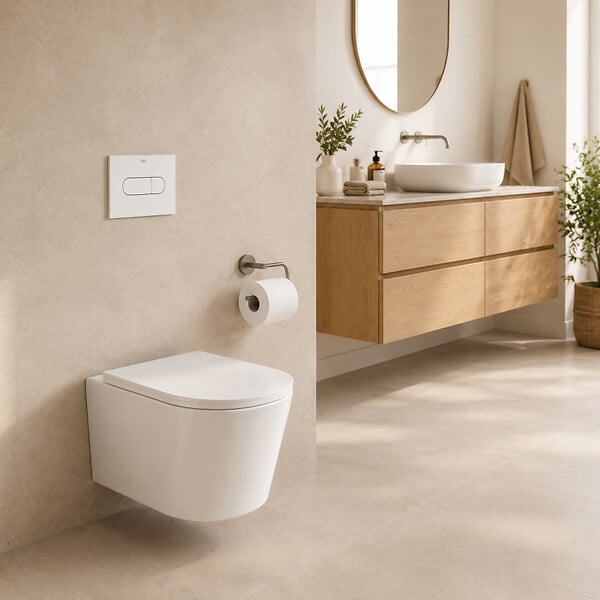 ROCA - Pack WC suspendu complet avec bâti-support Roca, cuvette sans bride Vortex, abattant SoftClose et plaque blanche - large