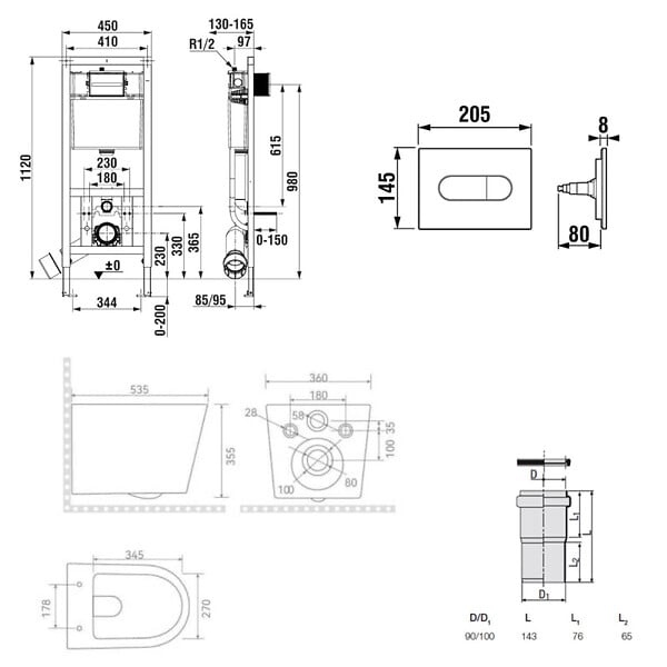 ROCA - Pack WC suspendu complet avec bâti-support Roca, cuvette sans bride Vortex, abattant SoftClose et plaque blanche - large