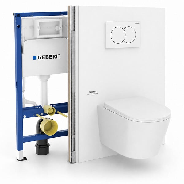 GEBERIT - Pack WC suspendu complet avec bâti-support Geberit Duofix, cuvette Ceramia Vortex, abattant SoftClose et plaque blanche - large