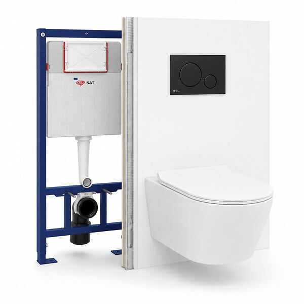 SWISS AQUA TECHNOLOGIES - Pack WC suspendu complet avec bâti-support SAT, cuvette Vortex sans bride, plaque noire, économie d’eau - large