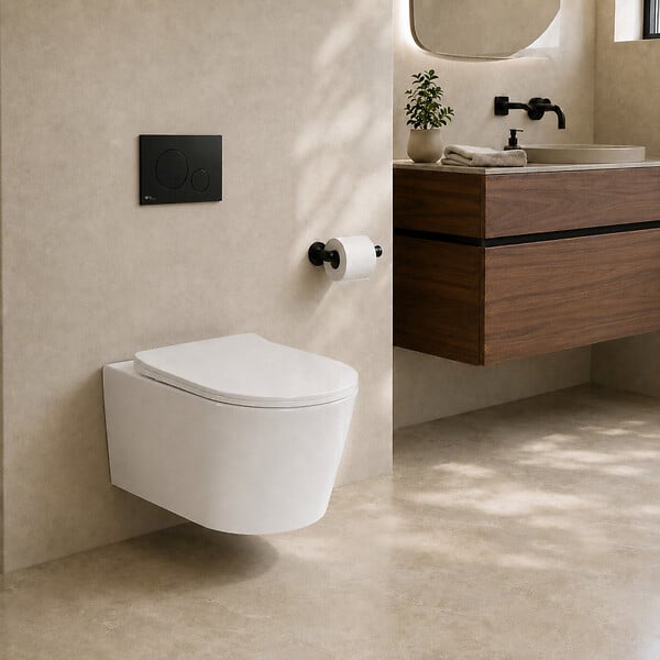 SWISS AQUA TECHNOLOGIES - Pack WC suspendu complet avec bâti-support SAT, cuvette Vortex sans bride, plaque noire, économie d’eau - large