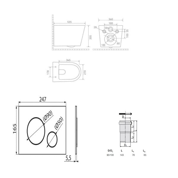 SWISS AQUA TECHNOLOGIES - Pack WC suspendu complet avec bâti-support SAT, cuvette Vortex sans bride, plaque noire, économie d’eau - large