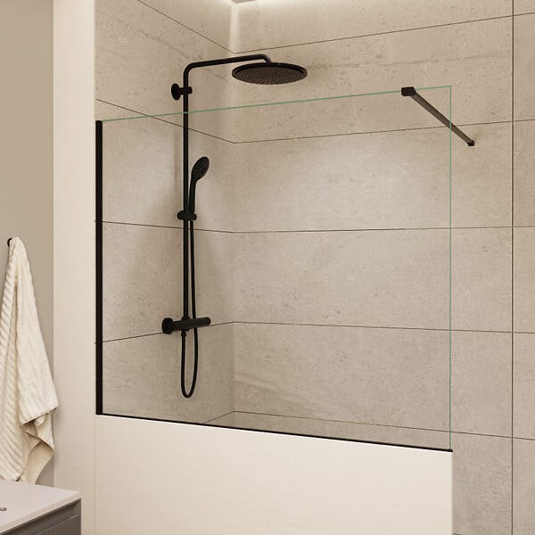 SWISS AQUA TECHNOLOGIES - Pare-muret 120x100cm Paroi en verre Crystal Glass® 8 mm anticalcaire, avec bras et profilés noir mat (SATBWIS120PRC) - large