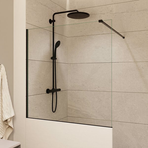 SWISS AQUA TECHNOLOGIES - Pare-muret 100x90cm Paroi en verre Crystal Glass® 8 mm anticalcaire, avec bras et profilés noir mat (SATBWIS90PRC) - large