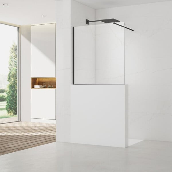 SWISS AQUA TECHNOLOGIES - Pare-muret 100x90cm Paroi en verre Crystal Glass® 8 mm anticalcaire, avec bras et profilés noir mat (SATBWIS90PRC) - large
